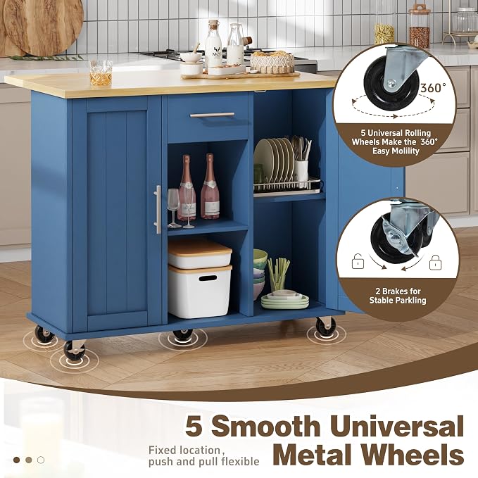 Shintenchi Kitchen Island with Storage, Bar Cart Cabinet Island Table on Wheels - Image 6