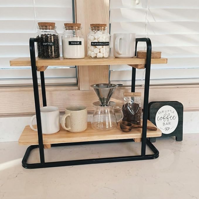 Bokon 2 Tier Coffee Station Organizer, Wooden Coffee Bar Organizer - Image 4