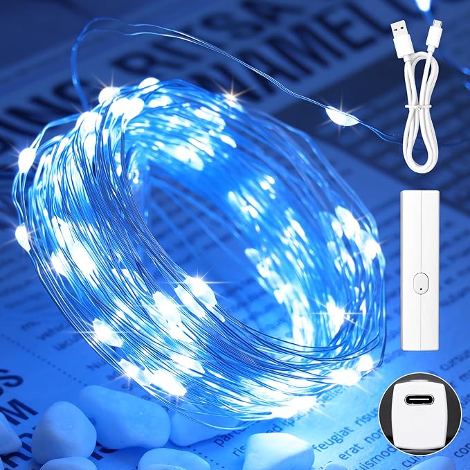 Lakumu 16FT Blue Fairy Lights, Rechargeable Battery Operated Mini LED String by Lakumu