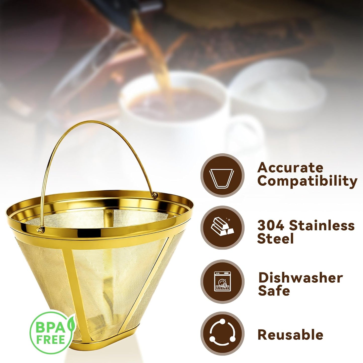 Reusable Coffee Filter No.4 Cone Coffee Maker Filters 2 Pack, Stainless Steel Replacement Permanent Basket Filter for Ninja Coffee Bar Brewer Ninja CFP 201-301 Dual Brew Ninja Coffee Makers