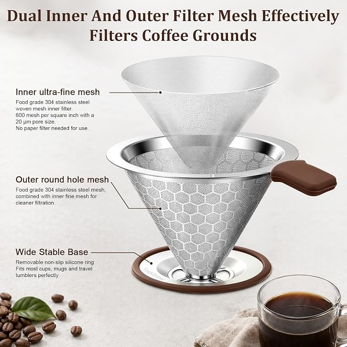Pour Over Coffee Dripper, Stainless Steel Coffee Filter 600 Mesh Ultra-Fine - Image 3