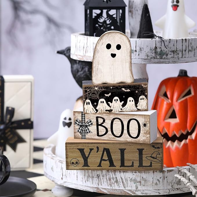 Lineshading 4 Pcs Halloween Table Decoration Wooden Ghost Tiered Tray - Image 4