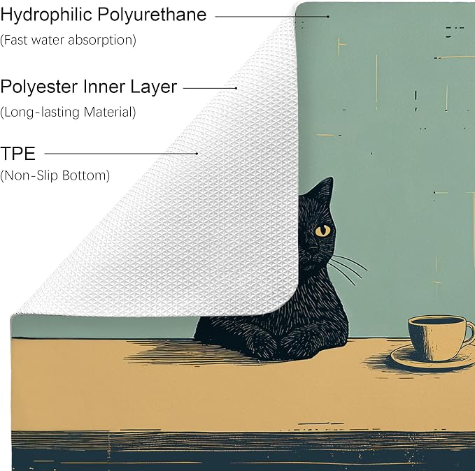 Black Cat Dish Drying Mat, Cat Lover Gifts, Vintage Cats Drinking Coffee Black - Image 6