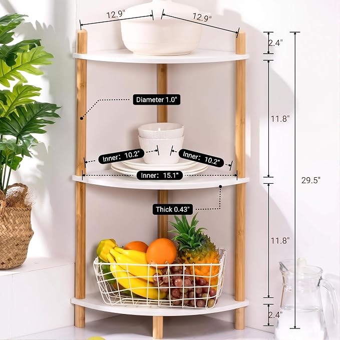 3-Tier Expandable Bamboo Corner Shelf Stand, Corner Bookshelf, Display Storage - Image 2
