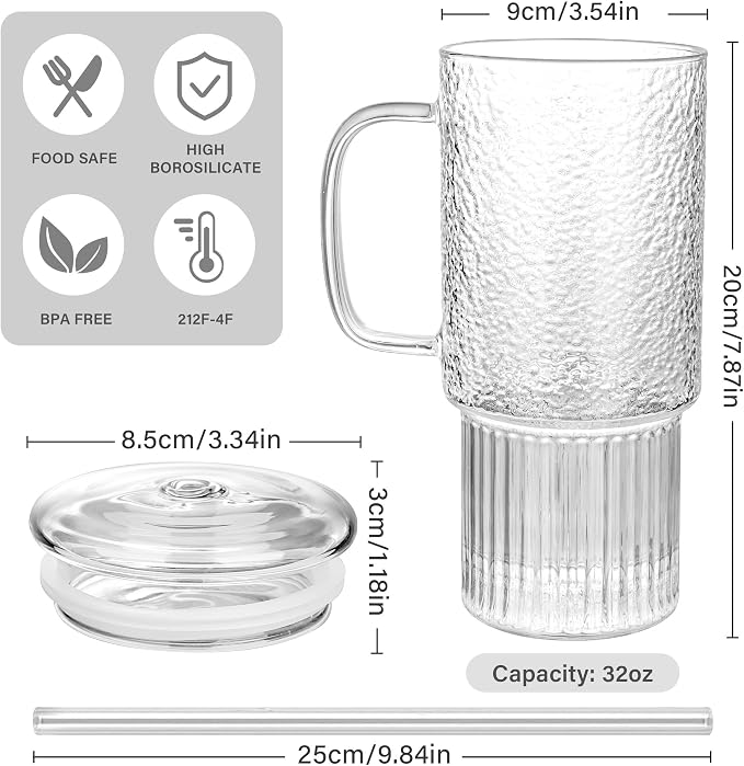 32oz Glass Cups with Handle & Glass Lids and Straws, 2 Pack Large Borosilicate - Image 3