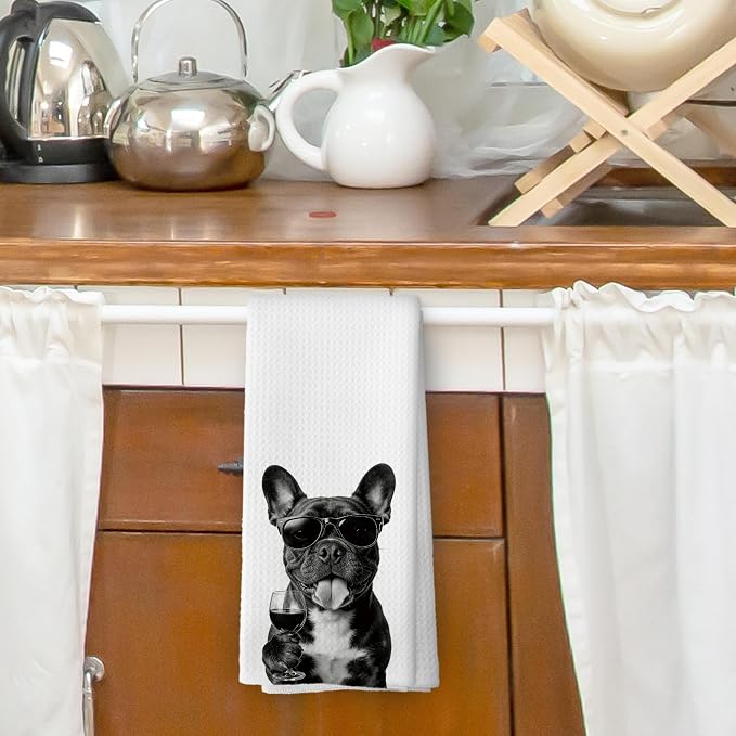 Funny French Bulldog Wine Bar Kitchen Dish Towels, French Bulldog Gifts - Image 2