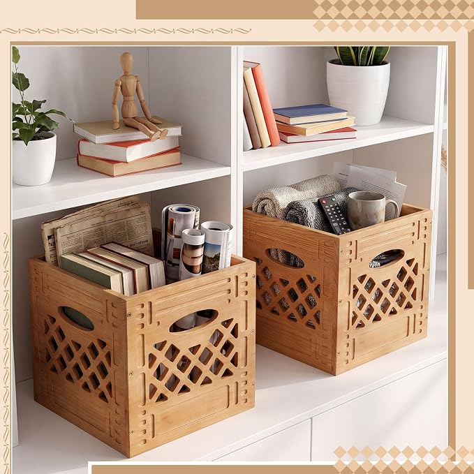 Geelin 2 Pack Wooden Milk Crate, Decorative Farmhouse Basket Organizer - Image 5