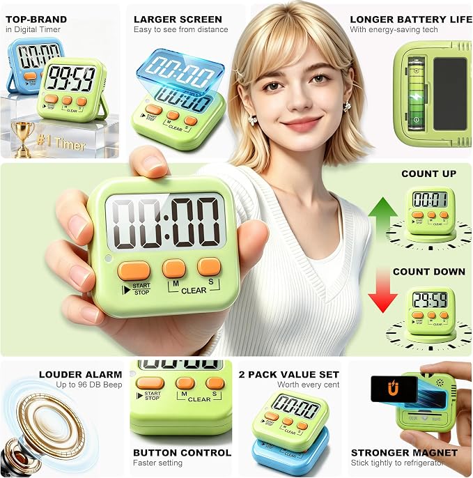 Antonki 2 Pack Digital Timer for Kids, Magnetic Countdown Kitchen Timers for - Image 4