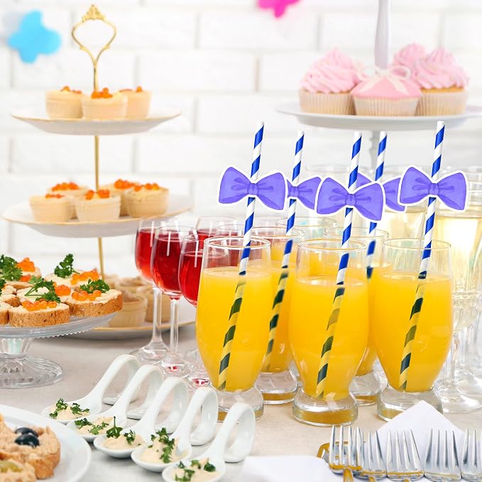 Bow Tie Themed Drinking Straws – 50 Pcs Disposable Purple Striped Party Straws - Image 3