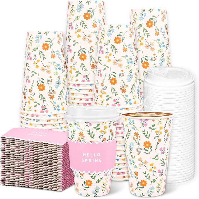 Whaline 50 Set Spring Floral Disposable Coffee Cups by Whaline