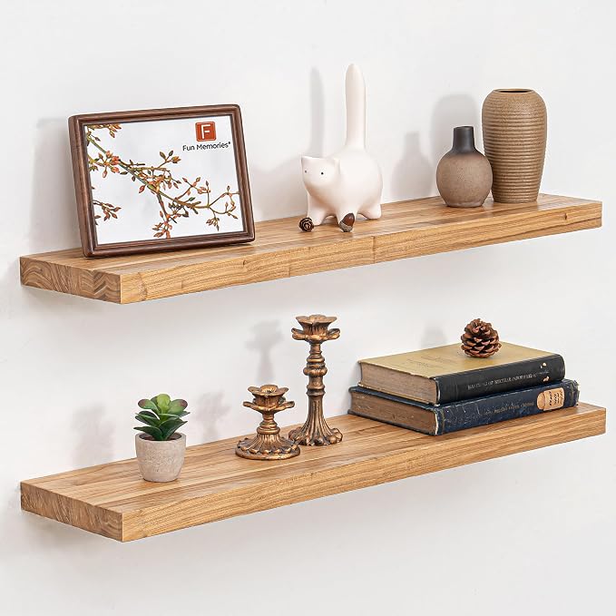 Fun Memories Floating Shelves for Wall Set of 2, Rustic Solid Elm Wood Wall by FunMemories