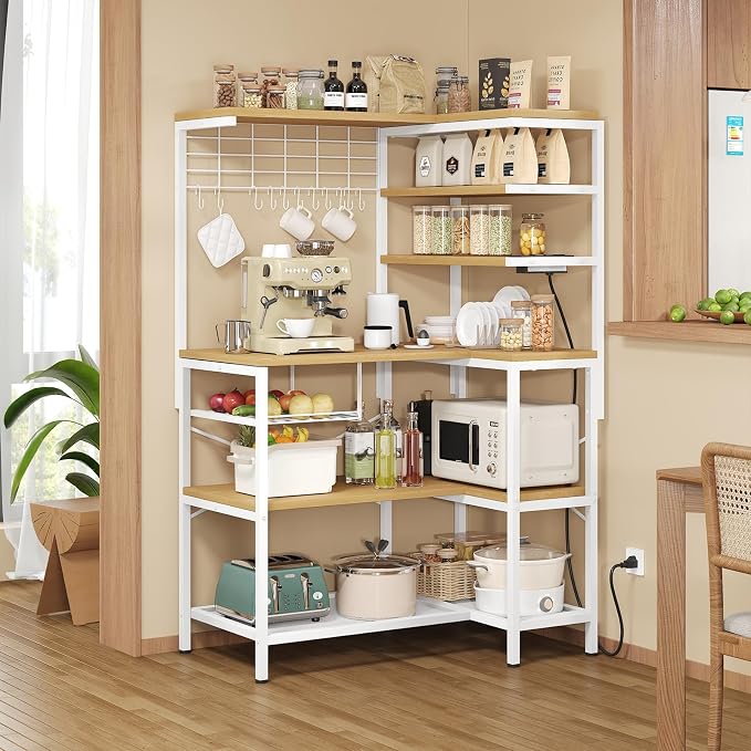L-Shaped Bakers Rack with Power Outlet, 6-Tier Microwave Stand with Open Storage - Image 4