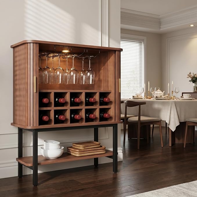 Wine Cabinet with Storage, Liquor Cabinet with Sliding Doors & Open Wine Rack - Image 3