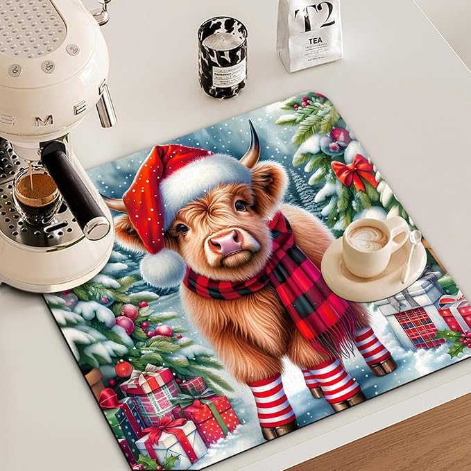 Christmas Highland Cow Dish Drying Mat - Image 2