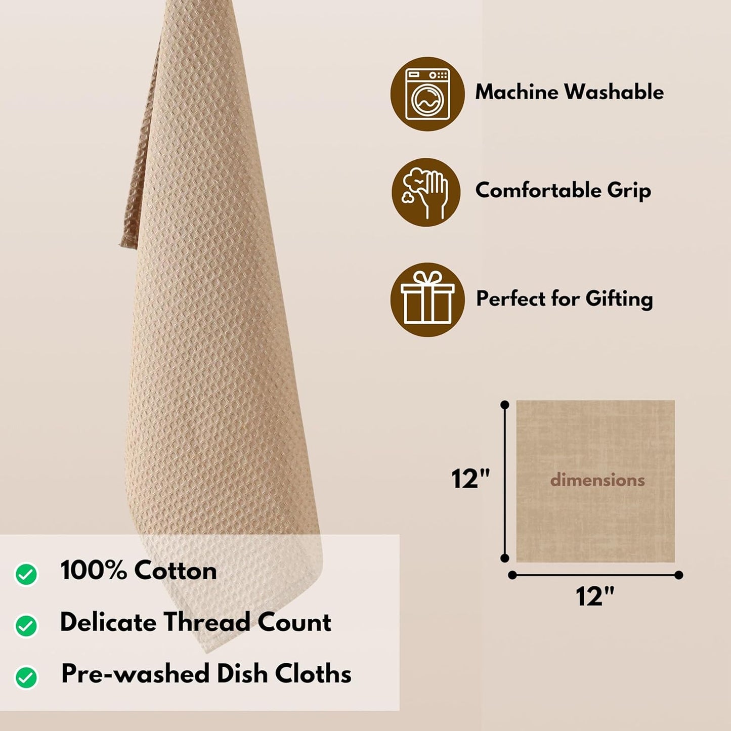 Native Fab Waffle 12 Pack Dish Cloths - 100% Cotton, Absorbent, Quick Drying, Washable Towels for Cleaning, Cooking & Baking - Great for Daily Use, Home, Restaurants, Cafes - 12" x 12" - Beige