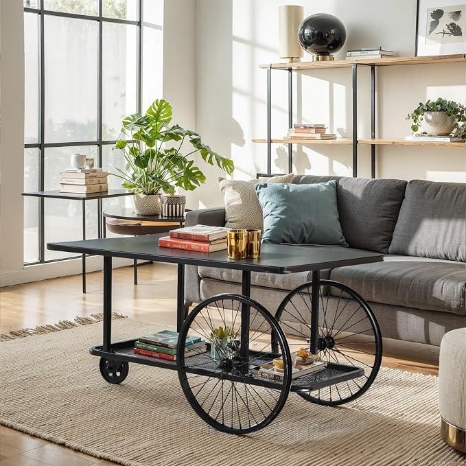 Industrial Metal Coffee Table in Living Room Rustic Mobile Serving Cart - Image 2