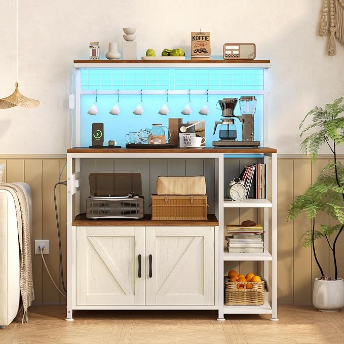 TVU Bakers Rack with Power Outlet and LED Light, Microwave Stand with Storage - Image 5