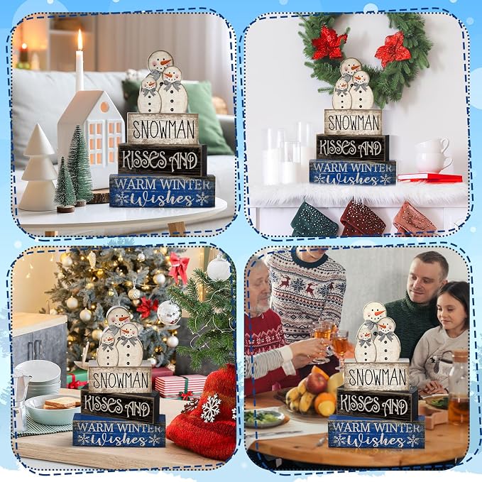 Lineshading 4 Pcs Winter Table Decor Wooden Snowman Decorations Winter Tiered - Image 4