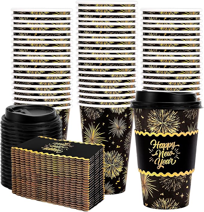 Whaline 50 Pcs 16 Oz Happy New Year Disposable Coffee Cups by Whaline