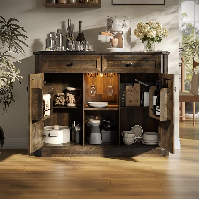 47" Wine Bar Cabinet with LED Light & Power Outlets, 2 Door Coffee Bar Cabinet - Image 7