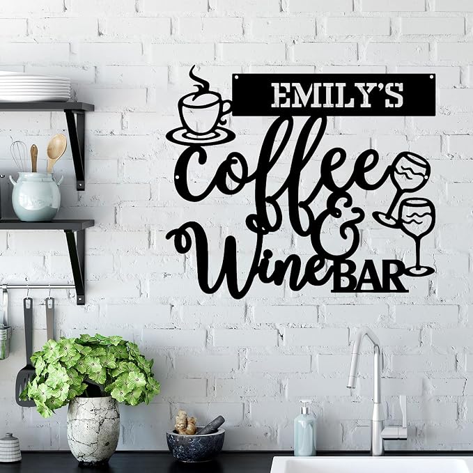 Personalized Coffee & Wine Bar Metal Wall Art, Art Deco Style, LED Lights - Image 3