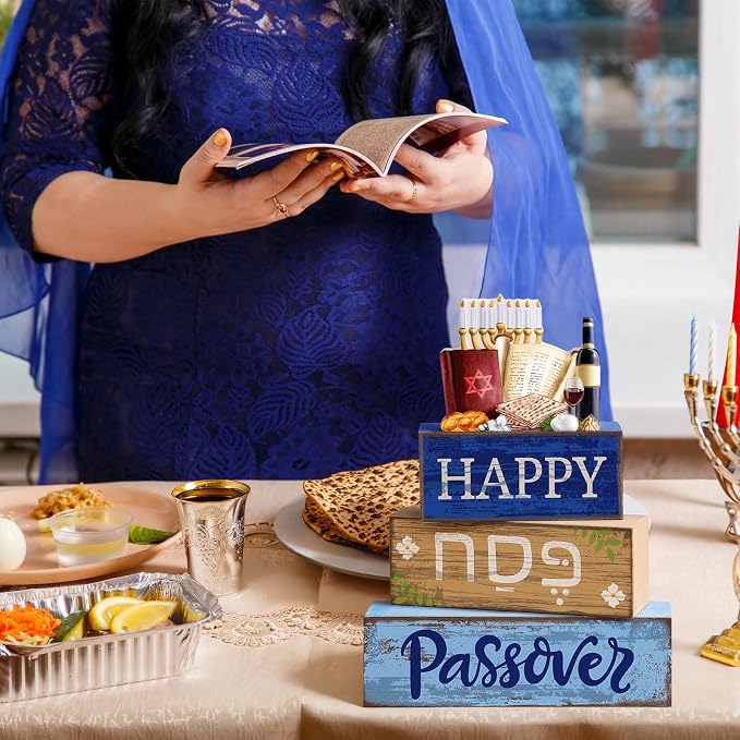 Lineshading 4 Pcs Happy Passover Table Decorations Wooden Menorah Table - Image 4