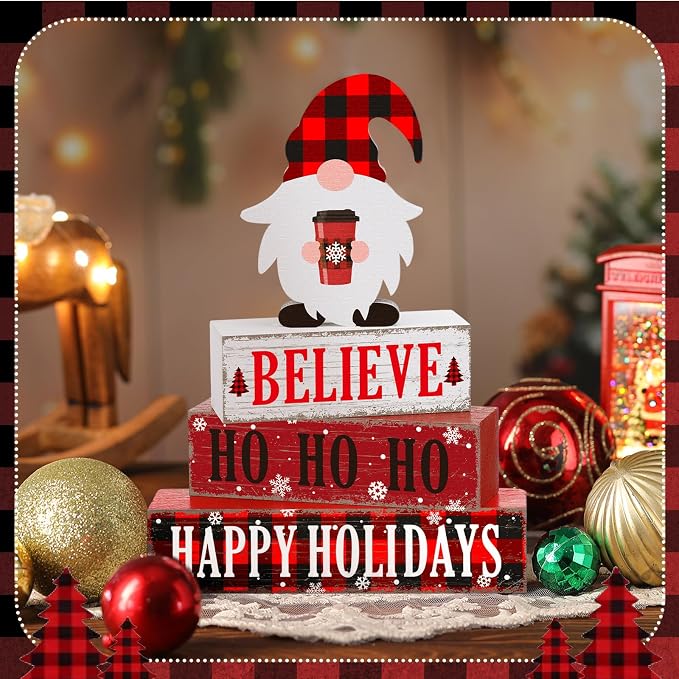 Geelin 4 Pcs Christmas Wooden Table Decorations Xmas Red and White Buffalo - Image 4