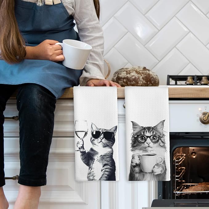 Funny Cat Kitchen Towels Set of 2, Funny Kitchen Decor, Coffee Station Wine Bar - Image 3