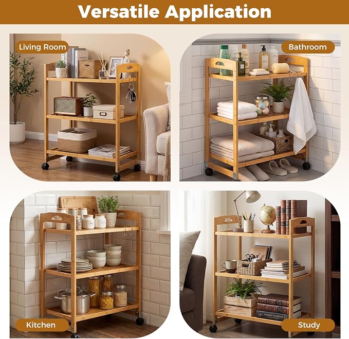 Giantex 3-Tier Rolling Storage Cart, Bamboo Utility Cart w/ 3 Side Hooks & - Image 8