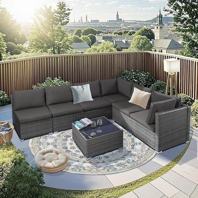 NOBLEMOOD 7 Pieces Patio Furniture Set, All Weather Outdoor Rattan Conversation by NOBLEMOOD