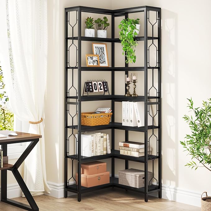 Tribesigns Corner Shelf, 7-Tier Industrial Corner Bookshelf, Wood and Metal - Image 3
