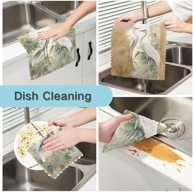 ALAZA Dish Towels Kitchen Cleaning Cloths Crane Birds Dish Cloths Absorbent - Image 2