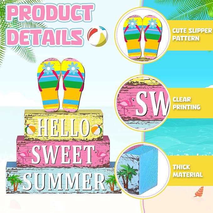 Geelin 4 Pcs Summer Flip Flop Wooden Table Decorations Hello Summer Centerpiece - Image 6