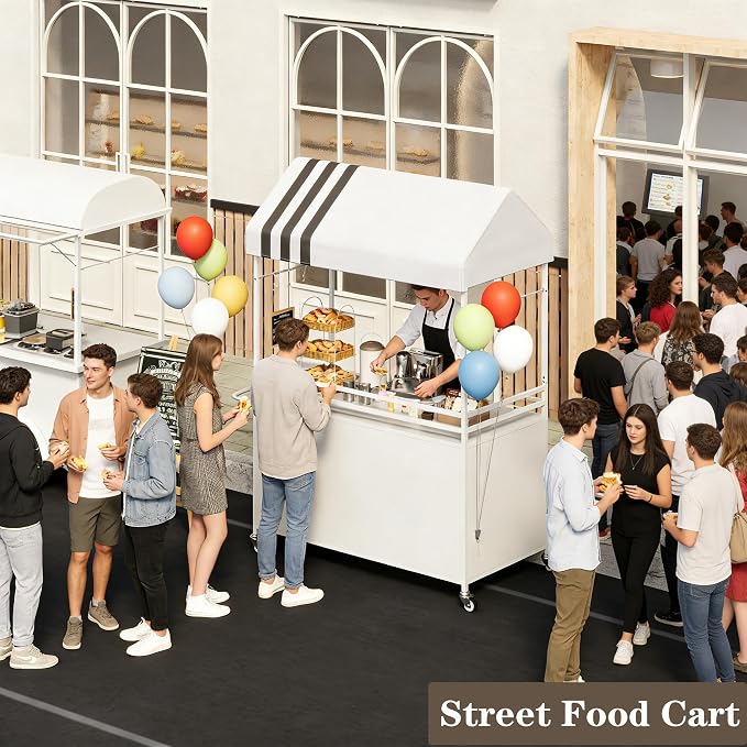 Portable Vendor Cart with Canopy, Outdoor Mobile Food Cart with Wheels - Image 7