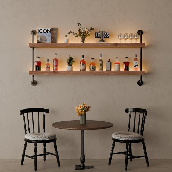 Wall Mounted Wine Rack with LED Light, LED Industrial Pipe Wine Shelf, 2-Tier - Image 8