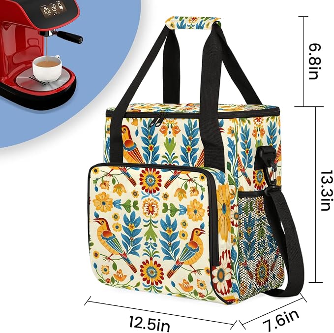 Mexican Bird Floral Coffee Maker Carring Bag, Large Insulated Storage Organizer - Image 2