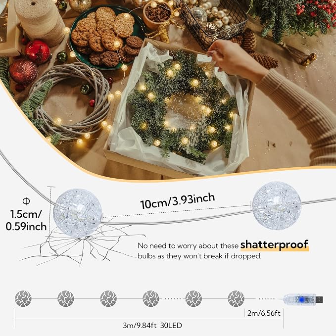 Globe String Lights, 10FT 30 LED Decorative Christmas Lights, 8 Modes Crystal - Image 4