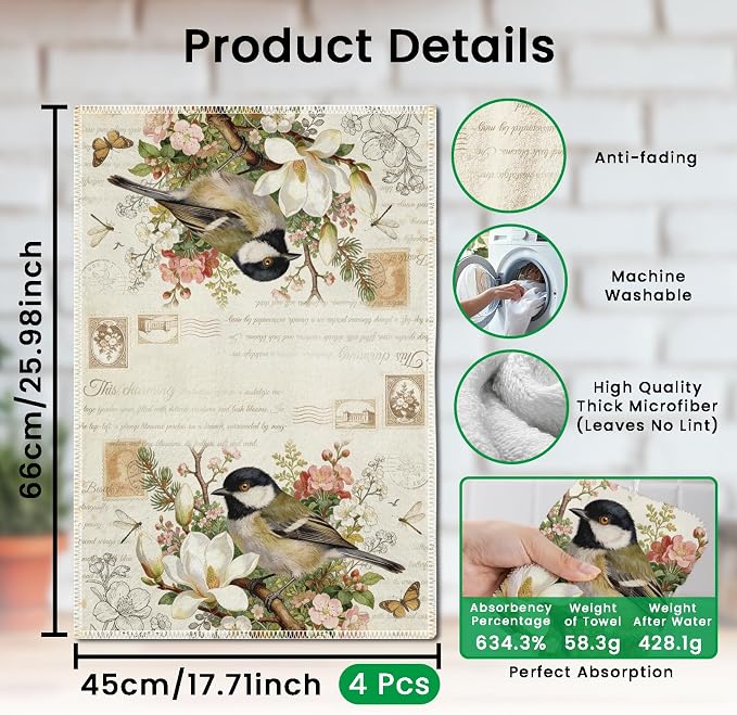 CUTHOLLOW Retro Garden and Animals Decorative Kitchen Towels Set of 4, - Image 2