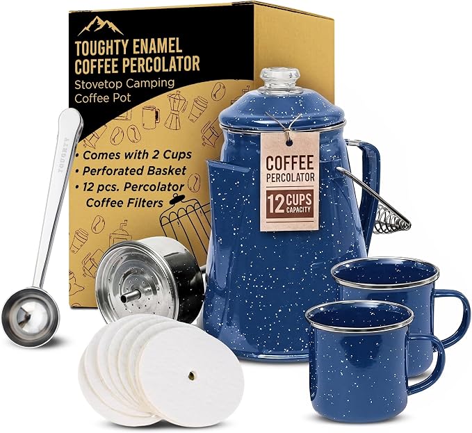 Toughty Enamel Coffee Percolator – 12-Cup Stovetop Camping Coffee Pot by Toughty