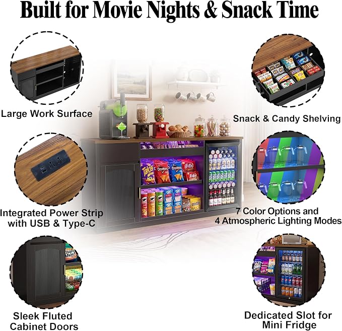 GDLF Snack Bar Cabinet with Fridge Space, 70.1" Snack Organizer with Storage - Image 4