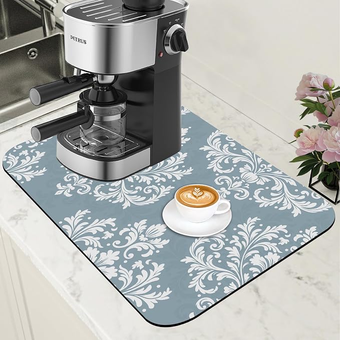 Dish Drying Mat Blue Damask Floral Coffee Bar Mat by Unknown