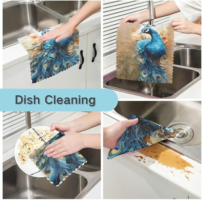 ALAZA Dish Towels Kitchen Cleaning Cloths Peacock Dish Cloths Absorbent Kitchen - Image 2