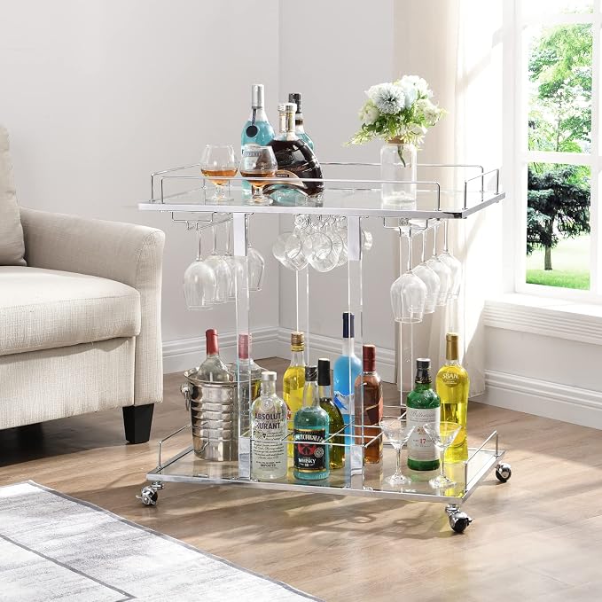 Silver Bar Cart for Home Bar Chrome Serving Cart - Image 2