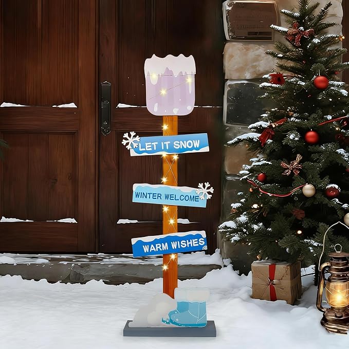Lighted Wooden Christmas Porch Sign | Let It Snow Winter Welcome Porch Decor by Unknown