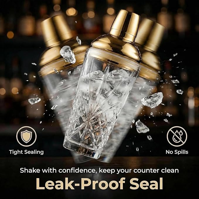 Cut Crystal Cocktail Shaker 18.5oz Gold Sealed Lid, 2 Cups Capacity | Hidden - Image 8