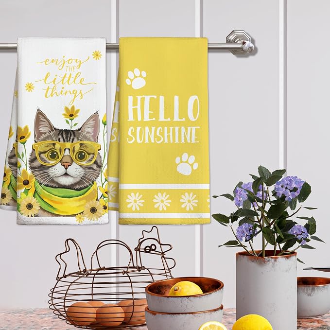 Yellow Flowers Cat Towels, Spring Summer Kitchen Towels, Cute Waffle Weave Dish - Image 5