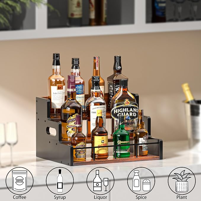 Liquor Bottle Display Shelf, Wood Syrup Organizer Rack, 3 Step Countertop - Image 2