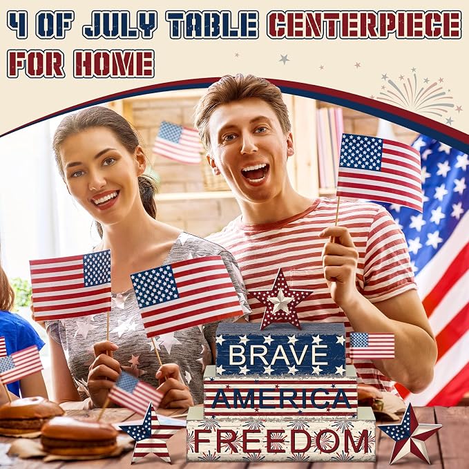 Geelin 6 Pieces 4th of July Table Decorations Patriotic Wooden Block Signs - Image 2