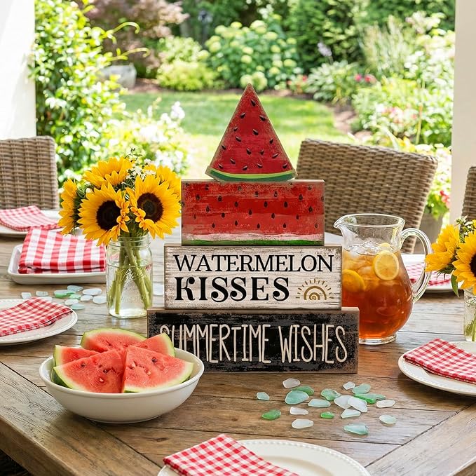 Lineshading 4 Pcs Summer Table Decor Wooden Watermelon Tiered Tray Decor Rustic - Image 2