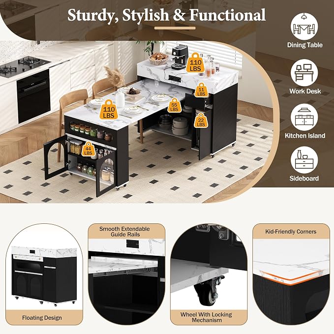 Rolling Kitchen Island with Extendable Dining Table & Power Outlet, 73.8’’ - Image 6